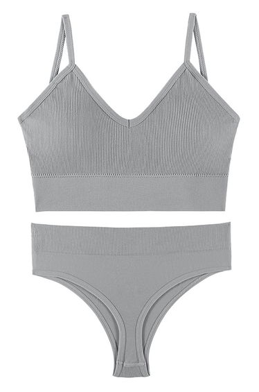 Plain Ribbed Lingerie Bra Top and Thong Set in Grey
