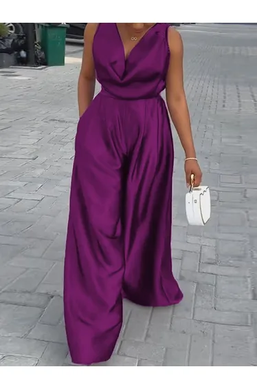 Loose Sleeveless Solid Color Deep V-Neck Jumpsuits