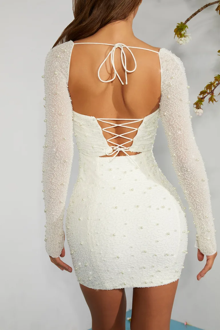embellished corset open back long sleeve mini dress Embellished Corset Open Back Long Sleeve Mini Dress in Black