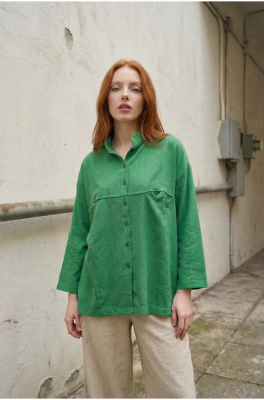 MY FASHION Oversized Linen-Blend Long Sleeve Shirt