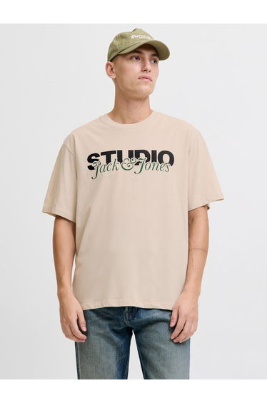 Beige Relaxed Fit Text Print T-Shirt