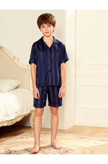 Boys Navy Blue Striped Shirt and Shorts Pyjama Set