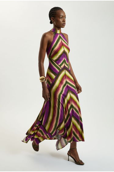 Multi Fluid Stripe Cotton Mix Woven Halter Dress
