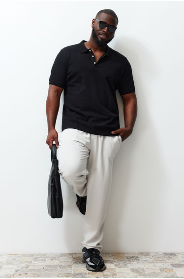 Men's Black Regular/Normal Cut Basic 100% Cotton Textured Polo Collar T-shirt