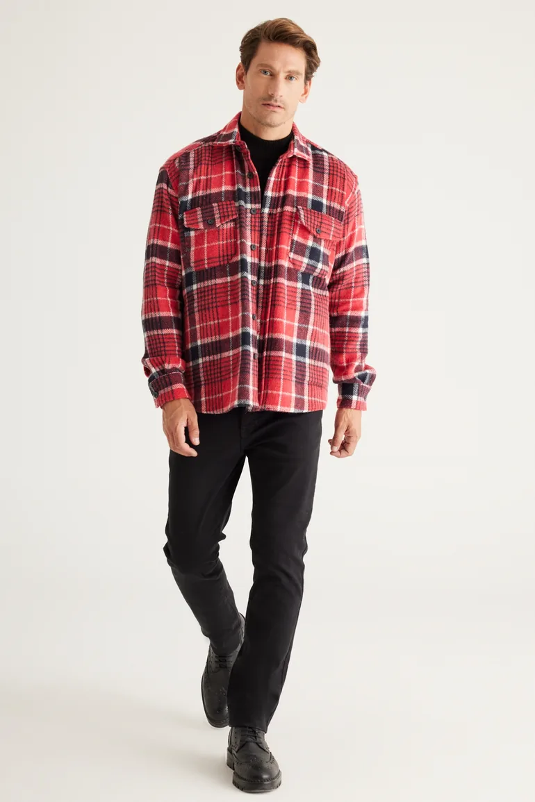 Men's Red-black Oversize Loose Cut Button Collar Plaid Winter Shirt Jacket - 1