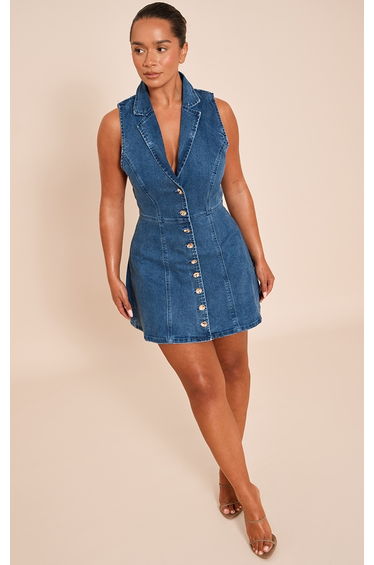 Shape Dark Blue Stretch Denim Button Front Collared Mini Dress