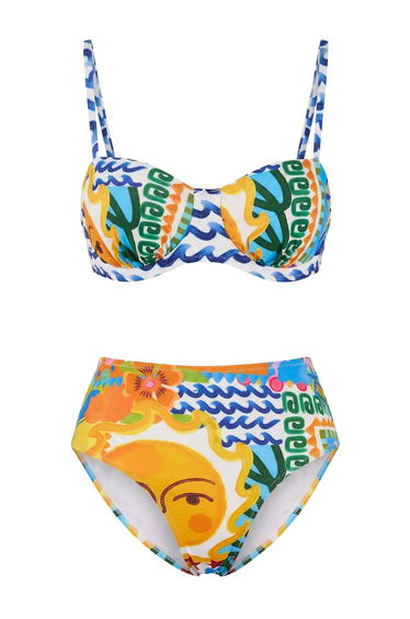 Multi-Colored Tropical Balconette Diver/Scuba High-Waisted Bikini Set