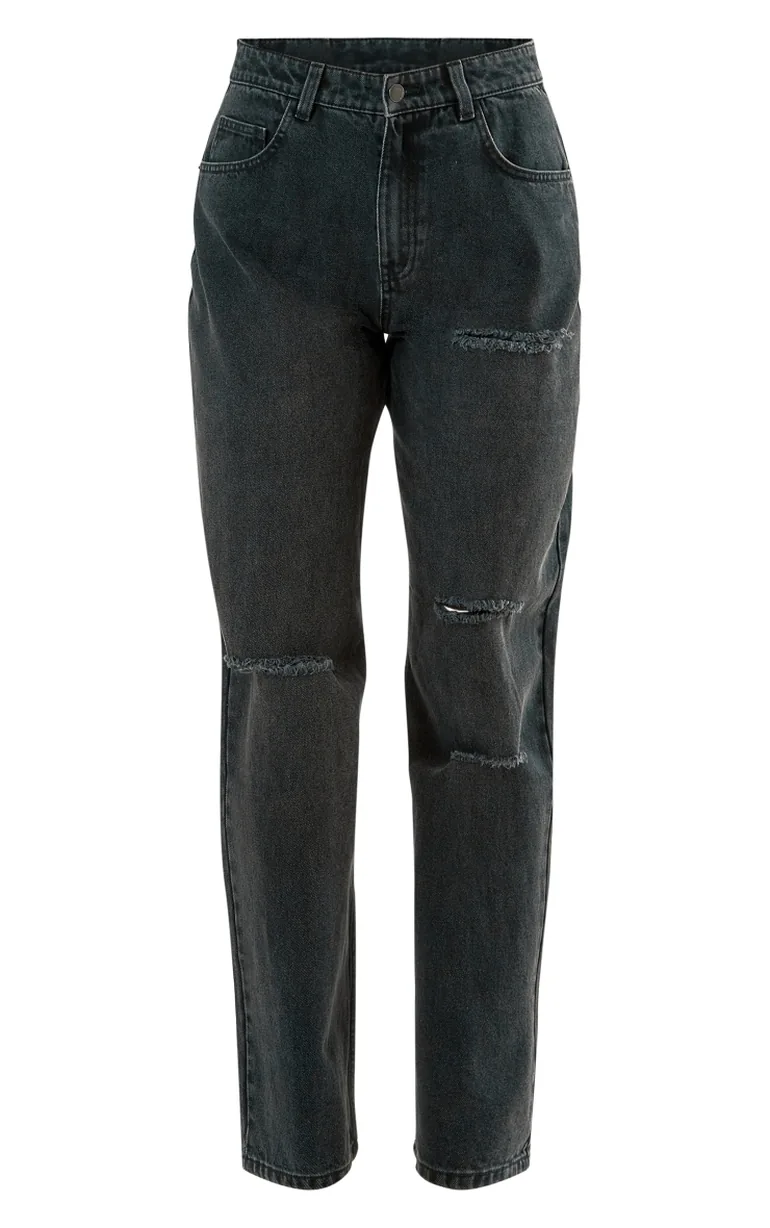 PRETTYLITTLETHING Washed Black Ripped Knee Boyfriend Jeans - 4