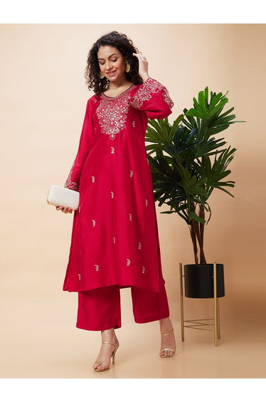 Embroidered V-Neck A-Line Kurta and Trouser Set