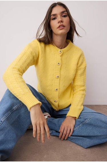 Yellow Soft Textured Button Detailed Wide Pattern Knitwear Cardigan