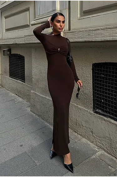 فستان محبوك - بني