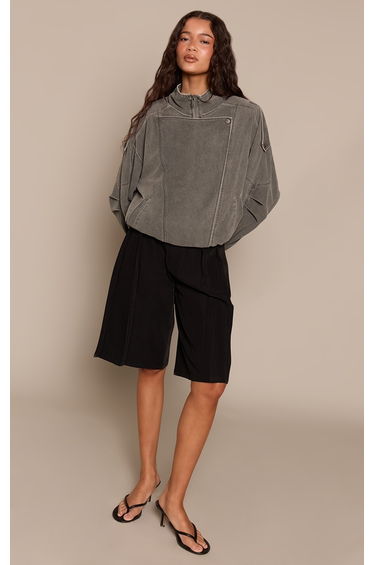 Grey Burnished Funnel Neck Low Belt Soft Suede Biker Jacket