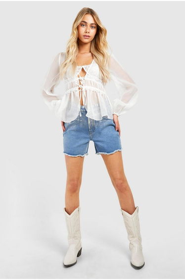 Textured Tie Volume Sleeve Blouse
