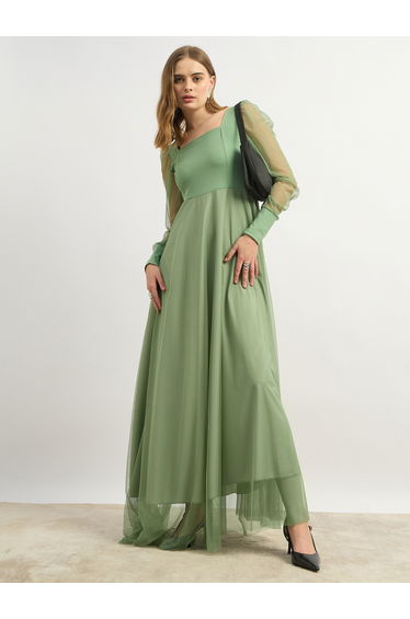 Mesh Square Neck Cuffed Long Sleeve Maxi Dress