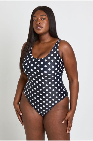 Plus Polka Dot Scoop Neck Swimsuit - black