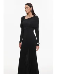 Luysa Elegant Contour One Shoulder Ruched Knit Black Maxi Dress - 3