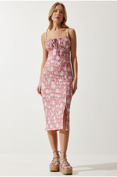 Women's Dried Rose Floral Slit Summer Knitted Dress