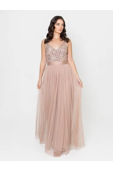 Maya Taupe Blush Sleeveless Stripe Embellished Maxi Dress