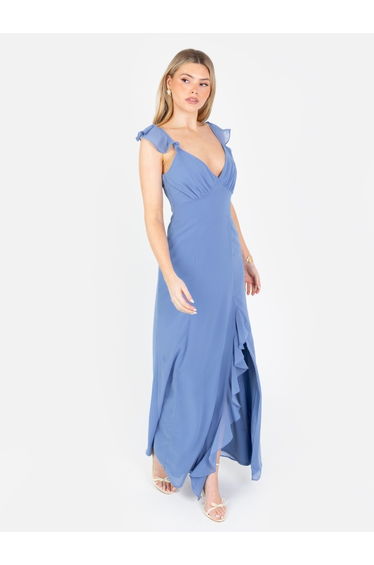 Anaya With Love Ocean Blue Strappy V Neck Maxi Dress with Skirt Split & Ruffle Detail