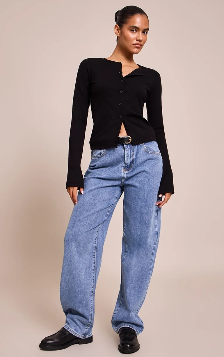 Black Button Through Fine Knit Cardigan