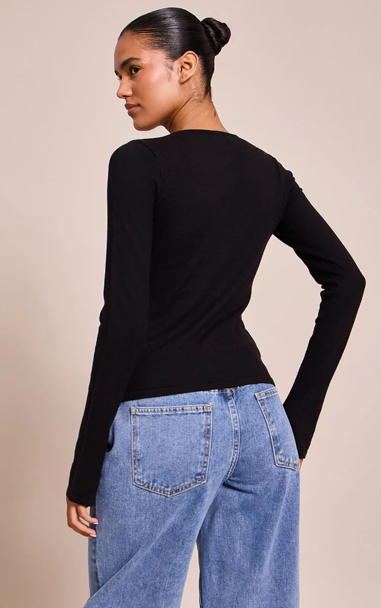 Black Button Through Fine Knit Cardigan - 2