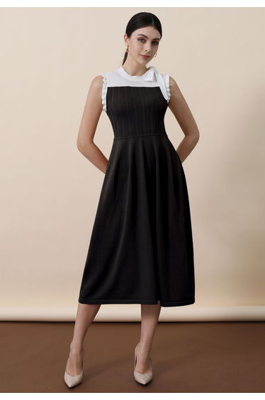 Bowknot Shoulder Ruffle Sleeveless Knit Midi Dress in Black