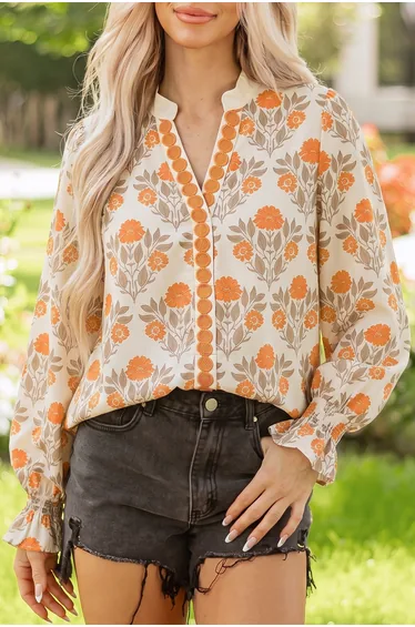 Lvness Orange Floral Print Contrast Detail V Neck Long Sleeve Blouse