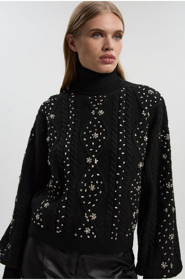 Wool Blend Embellished Cable Knit Jumper