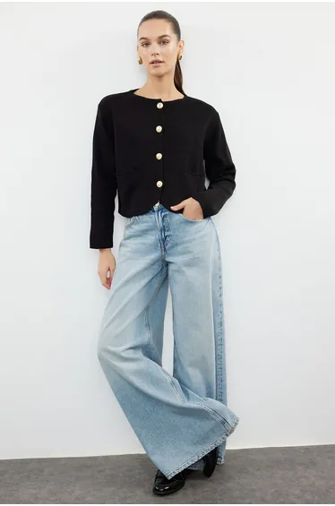 كارديغان محبوك بياقة دائرية