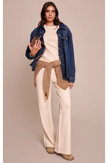 Cream Drawstring Waist Fine Knit Trousers