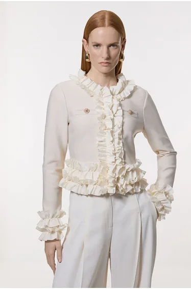 Figure Form Bandage Knit Jacket With Woven Ruffle Trim