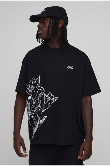 Black Oversized Floral Line Drawn Print T-Shirt - black