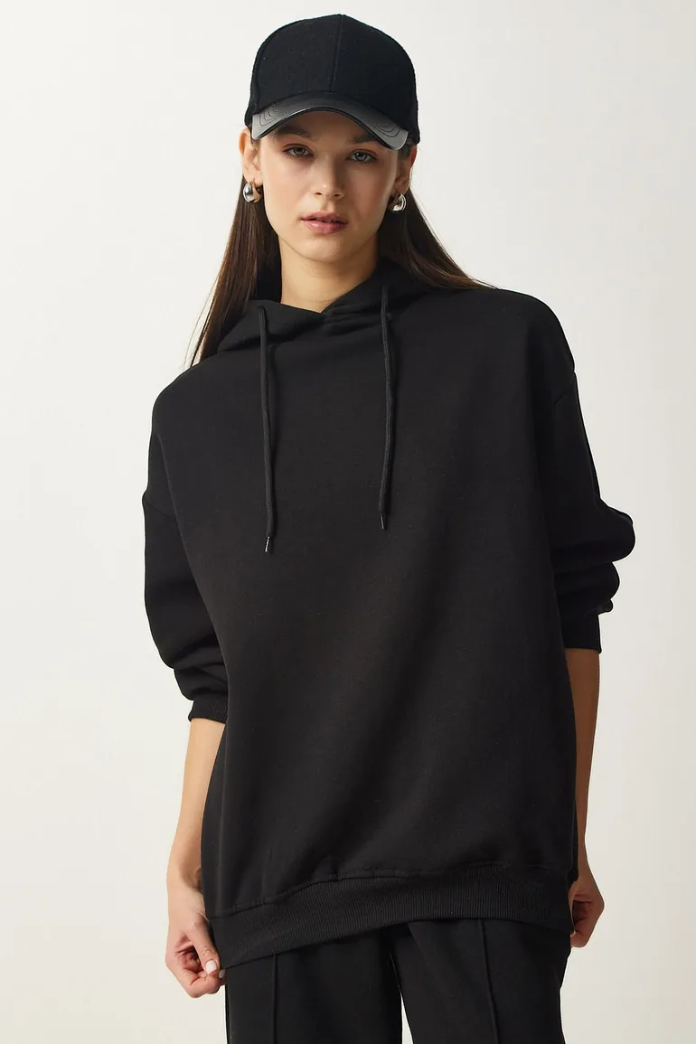 Women's Black Hooded Shawl Knitted Tracksuit Set - 3