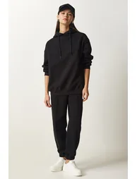 Women's Black Hooded Shawl Knitted Tracksuit Set