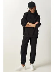 Women's Black Hooded Shawl Knitted Tracksuit Set - 2