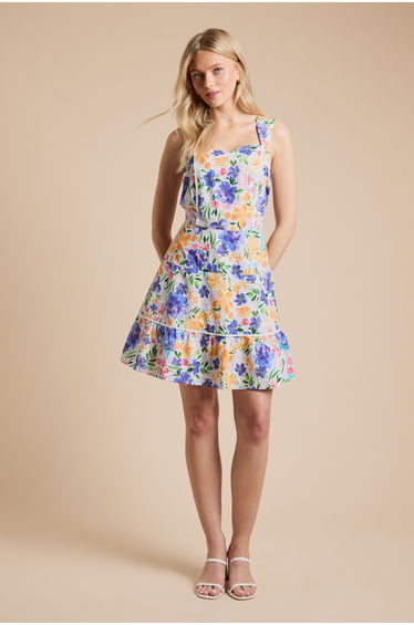 Floral Lace Trim Tiered Printed Mini Dress