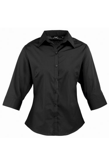 Premier 3/4 Sleeve Poplin Blouse / Plain Work Shirt - Black