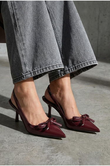 Burgundy Patent Leather Bow Detailed 6.5 cm Women's Classic Heeled Shoes