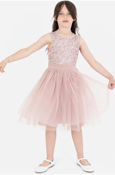 Mini Maya Frosted Pink Delicate Sequin Midi Dress with Bow