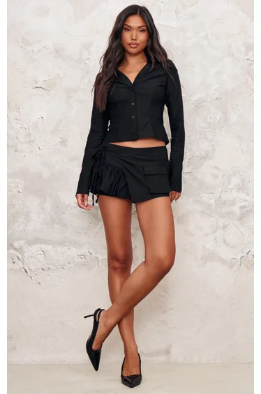 Black Woven Long Sleeve Cargo Shirt