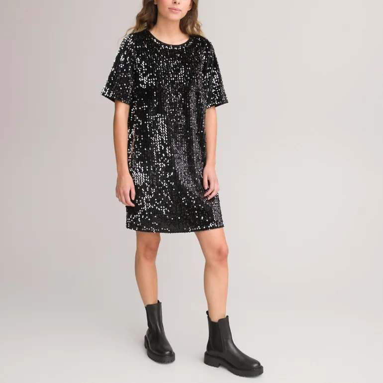 Sequin Shift Dress with Short Sleeves - 1