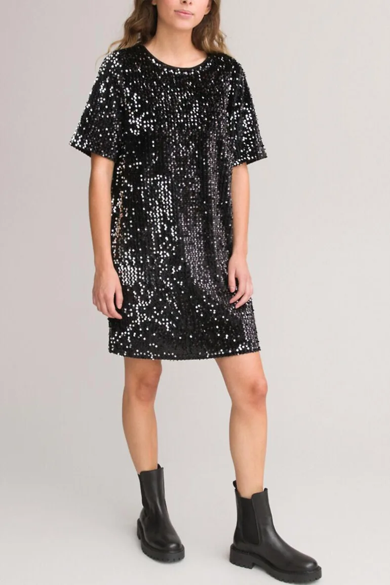Sequin Shift Dress with Short Sleeves