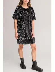 Sequin Shift Dress with Short Sleeves