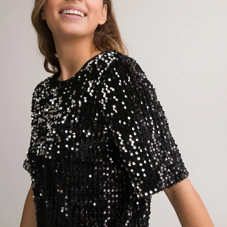 Sequin Shift Dress with Short Sleeves - 2