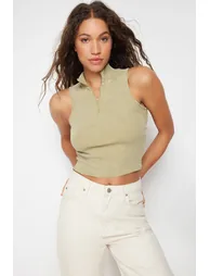 Khaki Antique/Faded Effect Fitted Zippered Corded Cotton Stretchy Knitted Knitted Blouse - 2