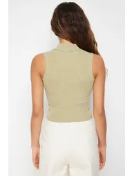 Khaki Antique/Faded Effect Fitted Zippered Corded Cotton Stretchy Knitted Knitted Blouse - 5