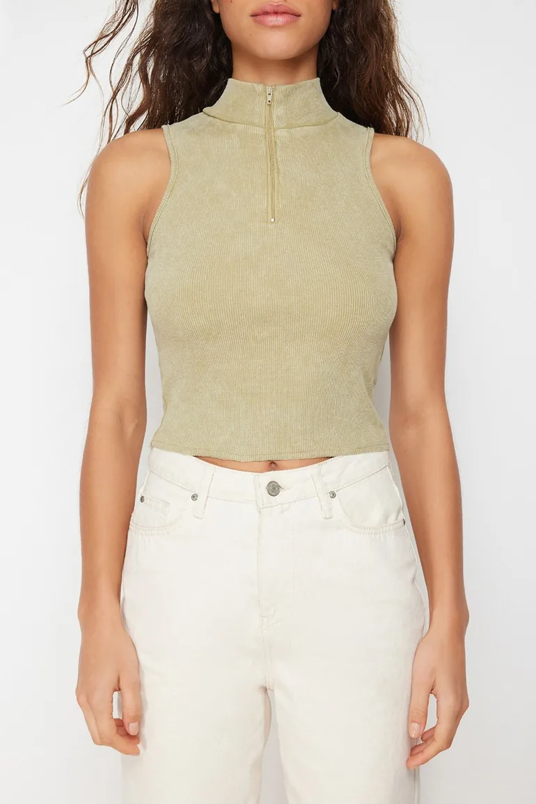 Khaki Antique/Faded Effect Fitted Zippered Corded Cotton Stretchy Knitted Knitted Blouse - 3