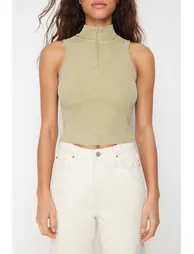 Khaki Antique/Faded Effect Fitted Zippered Corded Cotton Stretchy Knitted Knitted Blouse - 3