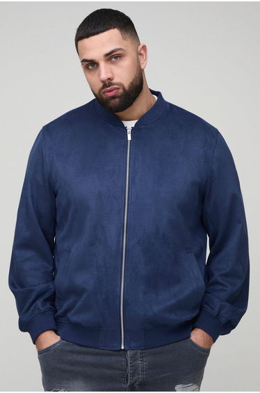 Plus Faux Suede Regular Fit Bomber Jacket - navy