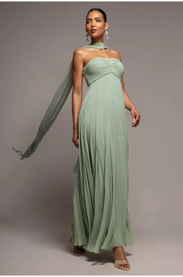 Sleeveless Pleated Chiffon Multiway Scarf Maxi Dress - Sage Green by Goddiva